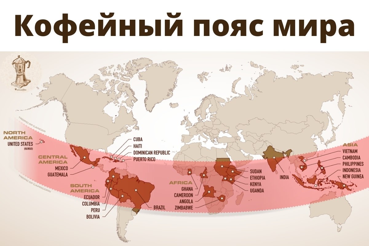 Карта распространения кофе по миру