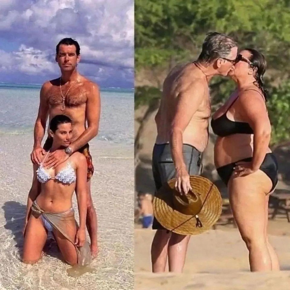 Пирс Броснан с женой на пляже