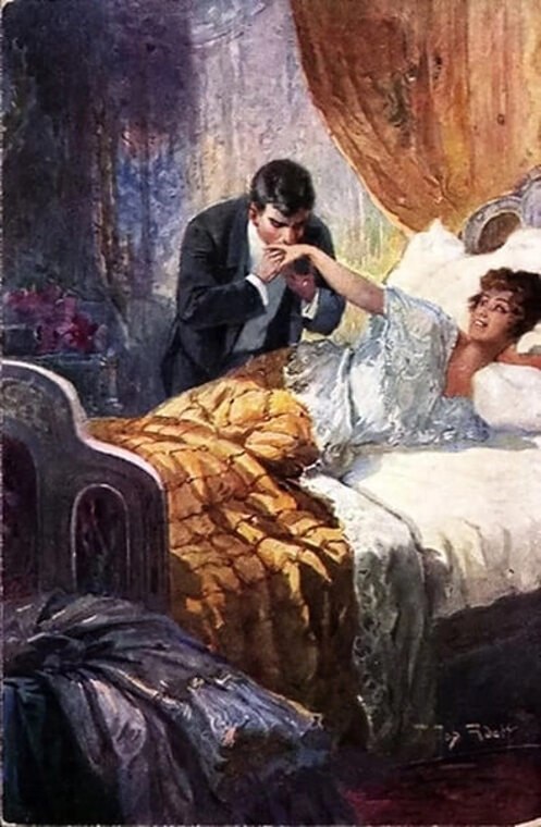Сон мужчина целует руку. Картина женщина в постели. Барыня в постели. Картина женщина на кровати. Барышня в постели.