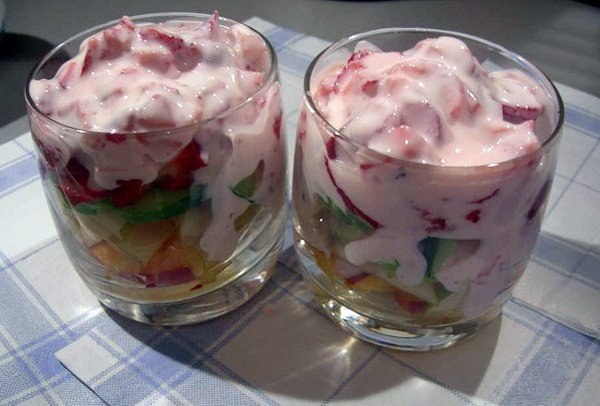 Легкий салат с клубникой. на 100 г 37.86 ккал Б/Ж/У 1.28/0.56/7.72 Огурцы 100 г Персики 1 шт. ...