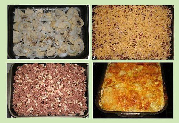 МЯСНАЯ ЗАПЕКАНКА. Просто вкусно… Ингредиенты: картофель (6шт), фарш свинина+говядина (400г), грибы ...