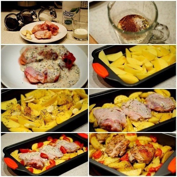 Курица маринованная в кефире, запечённая с картофелем с травами и чесноком. *110 ккал на 100 гр* - ...