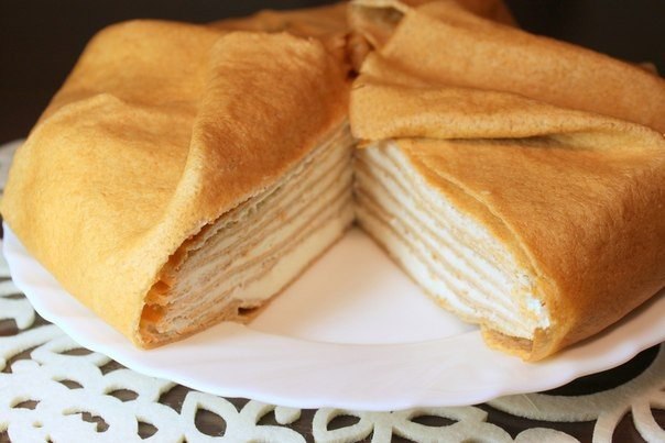 Торт из яичных блинов с куриной начинкой. На 100гр - 63 ккал Яйцо 4шт Молоко 50гр Мука 1ст л Масло ...