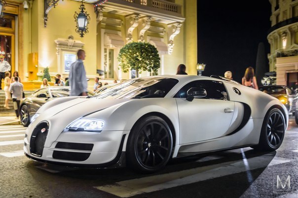 Bugatti Veyron. Matte white Veyron in front of the Monte-Carlo Casino.