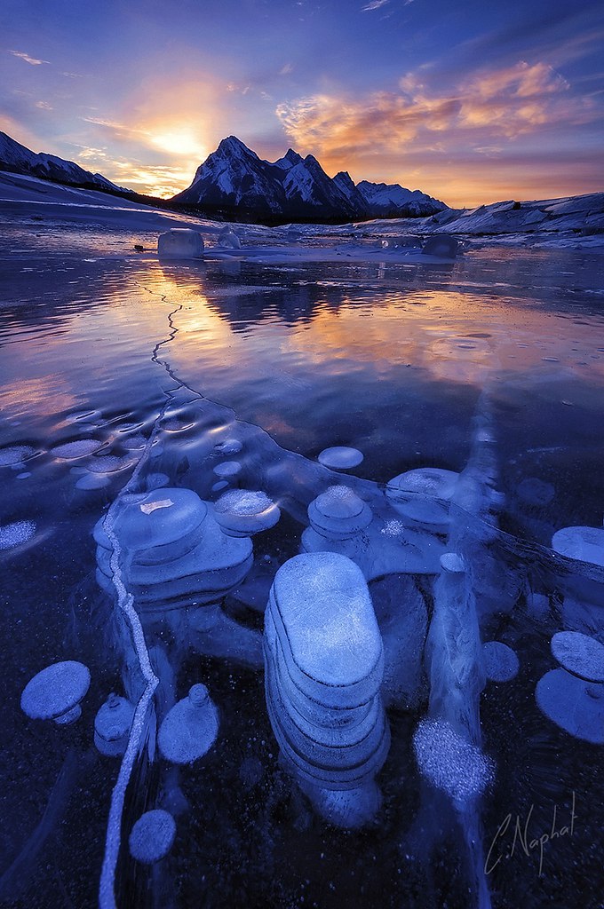 Frozen bubbles at Abraham lake. Finally we've got a nice sunrise after a snow storm that lasted ...