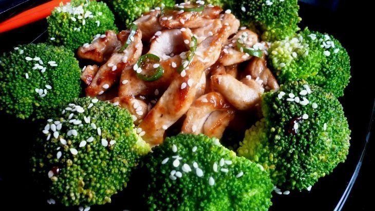 Куриные грудки с брокколи.Ингредиенты:Куриные грудки - 50 гКрахмал - 1 ч. л.Соевый соус - 1 ст. ...