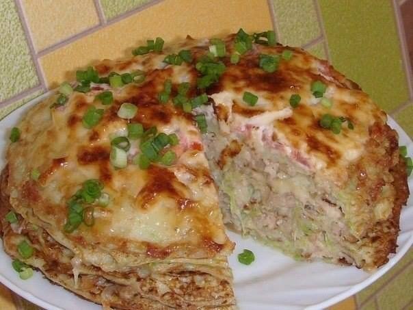 Кабачково-сырный тортик с мясом.Ингредиенты:-Кабачок-300 гр.-Сыр-100 гр.-Яйцо-1 шт.-Мука-2 ...