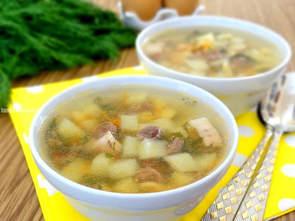 Суп с куриными сердечками.Ингредиенты:Куриные сердечки — 150 гГрудинка свиная — 100 гВода — 2,5 ... - 5