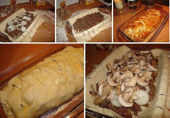 Быстрый мясной пирог.Ингредиенты:Тесто слоённое дрожжевоеФарш грамм 300-400.Лук 2-3 шт.Грибы ...