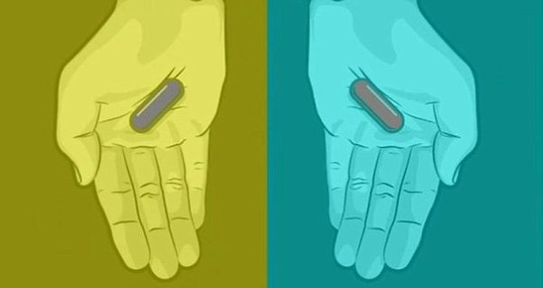 Какого цвета эти таблетки? Консольщики утверждают, что на картинке красная и синяя таблетки, а ...