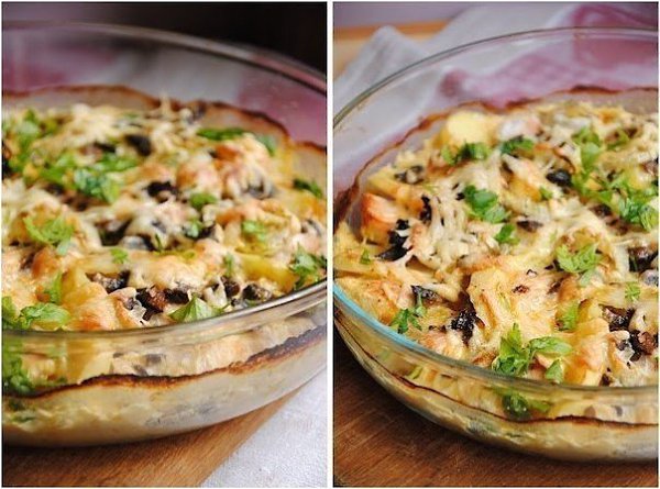 Картофельный гратен с курицей и грибами.Ингредиенты:2 куриные грудки4 картофелины~10 маленьких ...