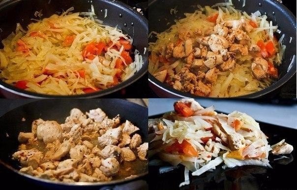 Курица с капустой и помидорами.на 100грамм - 68.97 ккалБ/Ж/У - 12.56/1.03/2.43Ингредиенты:Куриная ...