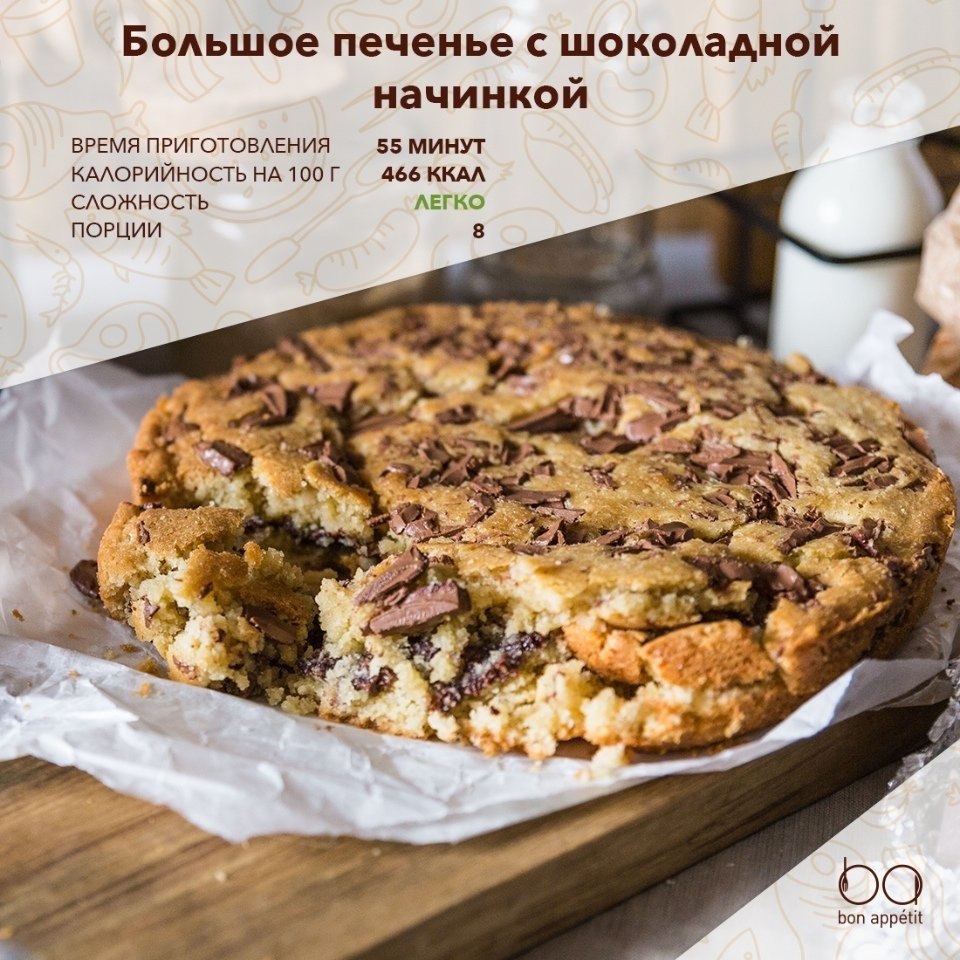 Большое печенье с шоколадной начинкой.Ингредиенты:Сливочное масло к. т. — 100 гКоричневый сахар — 90 ...
