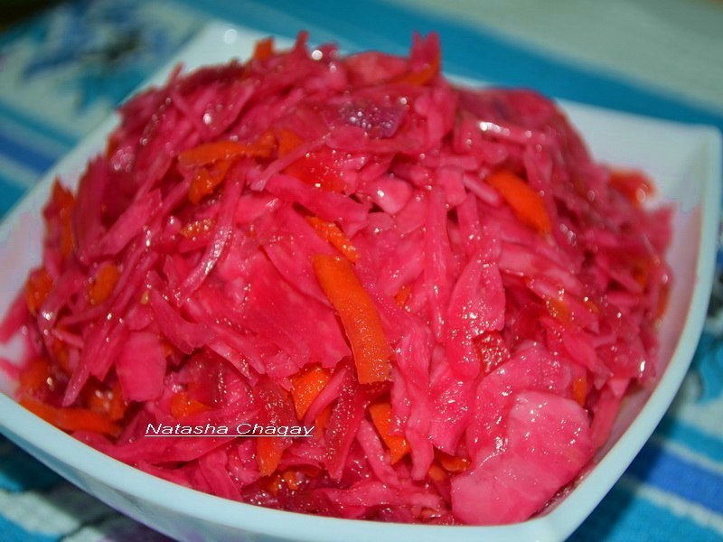 Маринованные овощи.400гр капусты1 средняя морковь1/2 средней свеклыМаринад:1 ч л с горкой соли3 ст л ...