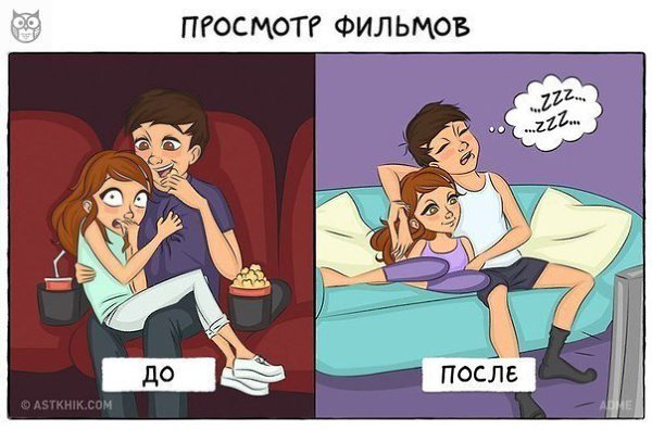 Серия забавных иллюстраций о перипетиях жизни влюблённой пары до и после свадьбы.