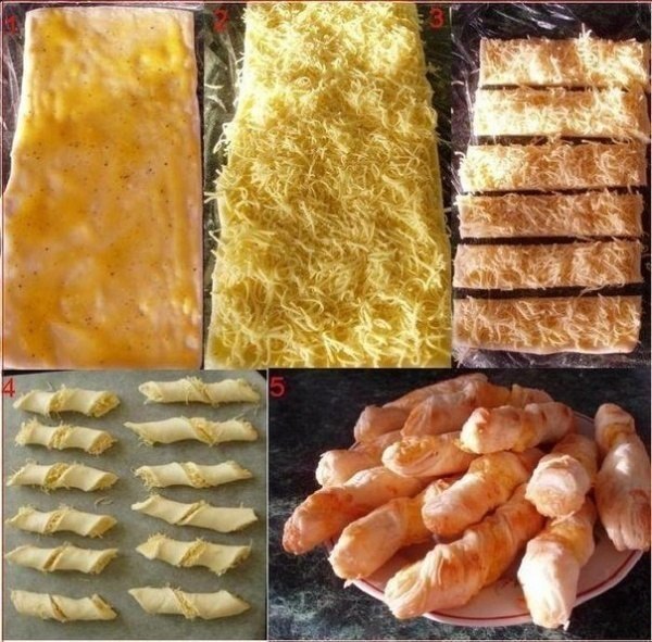 Сырные палочки. 1.Размороженный лист слоеного теста смазать яичным желтком с солью и перцем. ...