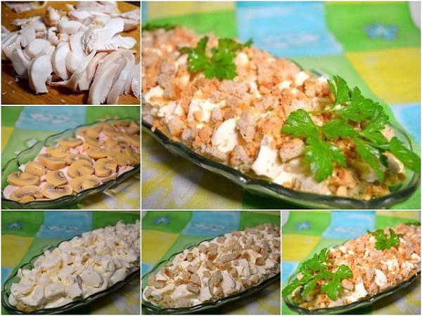 Салат "Наслаждение" Очень вкусный салат с грибами и копченой курицей. Ингредиенты: 250 г ...