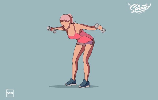 5 лучших упражнений для тренировки спины дома. Отведение рук в наклоне с гантелямиПоставьте ноги на ...