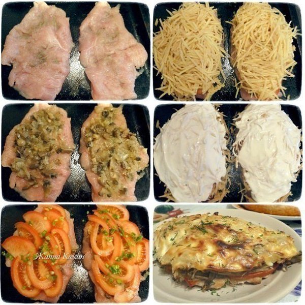 Куриная грудка под шубой.Ингредиенты:Грудка куриная 2 штКартофель 3 штПомидор красный 2 штЛук ...