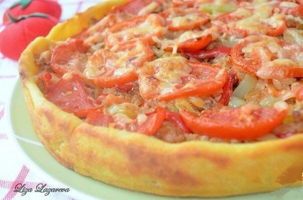 Деревенский пирог из картофельного теста с мясом и овощами.Ингредиенты:Для теста:- 150 гр картофеля ... - 9