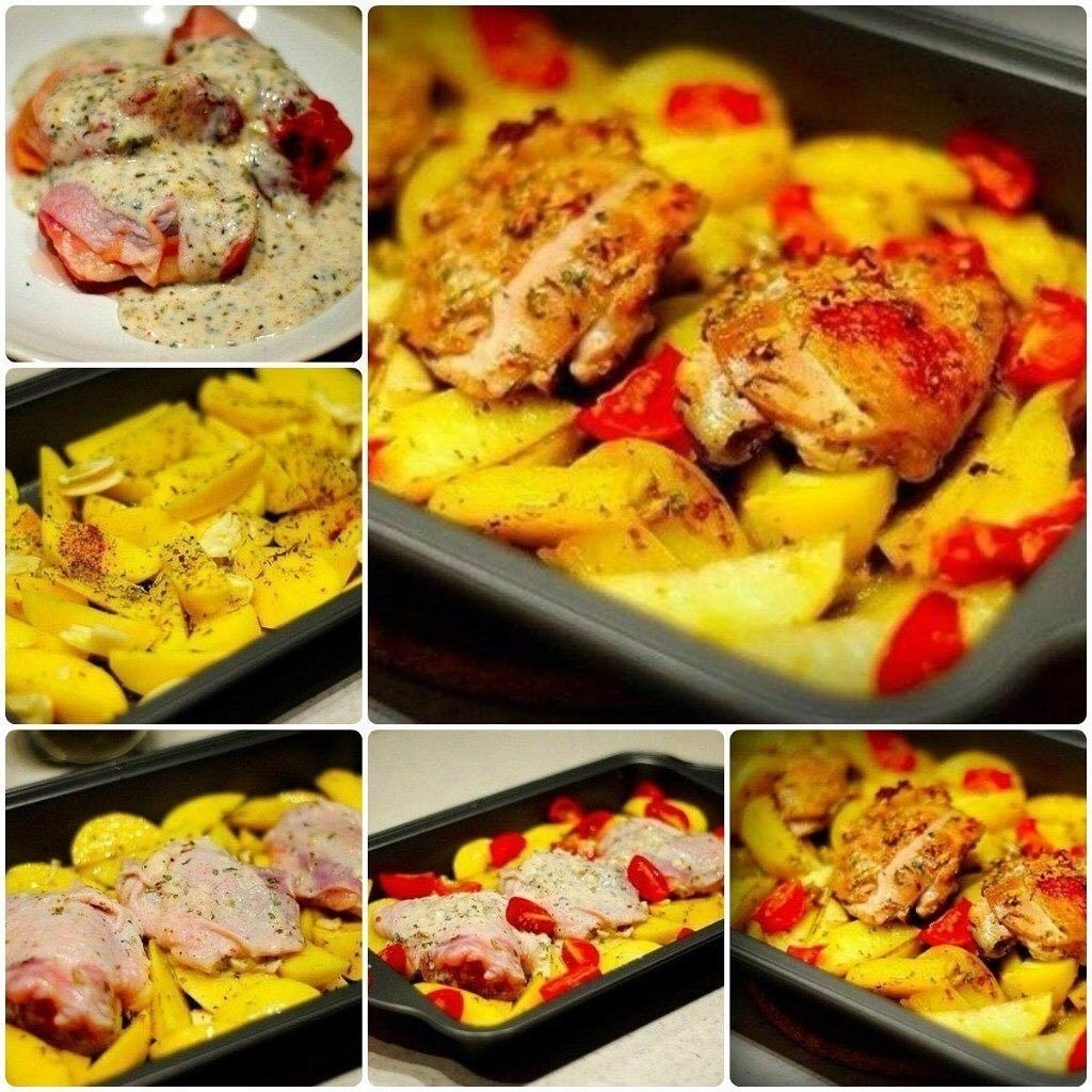 Курица, маринованная в кефире, запечённая с картофелем с травами и чесноком.Ингредиенты:-Кефир 500 ...
