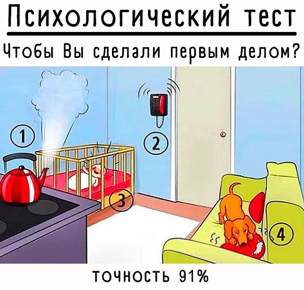 Тест! Ваше первое действие определит, что вы за человек! Предлагаем Вам выбрать одно из четырех ...