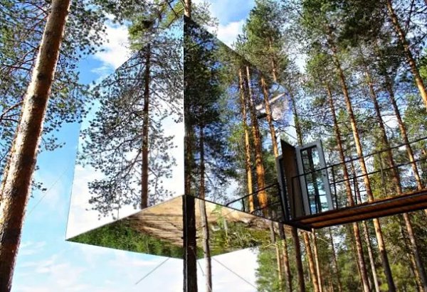 Tree Hotel Швеция, Харадс. Отель - зеркальный куб среди деревьев.