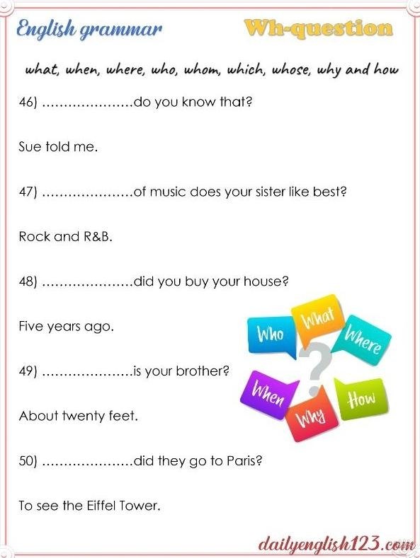 Wh-questions Worksheets.������� ����� � ������������ �� ��������� �������������� ����. ������ ... - 7
