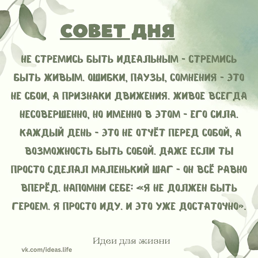Этот совет — напоминание о том, что настоящая ценность не в безупречности, а в подлинности. Мы живём ...