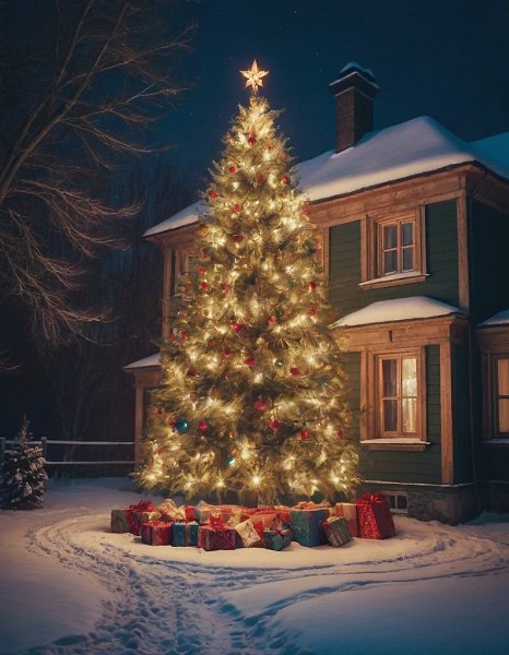 {."prompt": "New Year's tree in the yard of an old country house. Winter. Night. ...