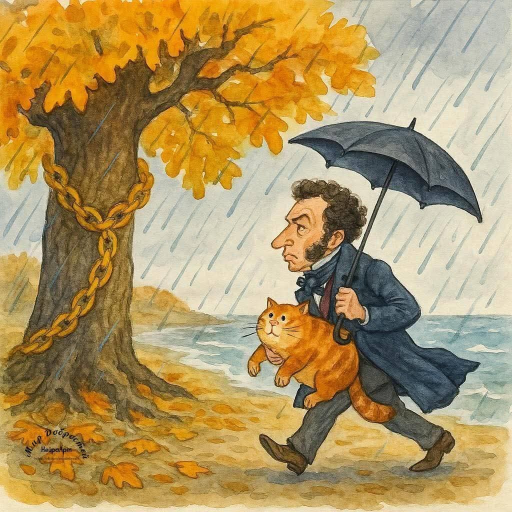 Осень. Октябрь. Пушкин уносит кота с дуба в тёплое помещение. Забота о братьях наших меньших !