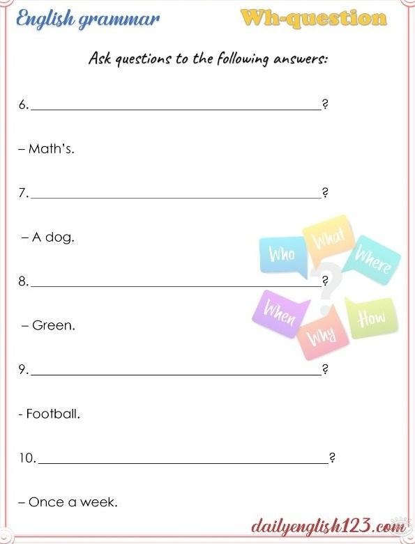 Wh-questions Worksheets.������� ����� � ������������ �� ��������� �������������� ����. ������ ... - 9